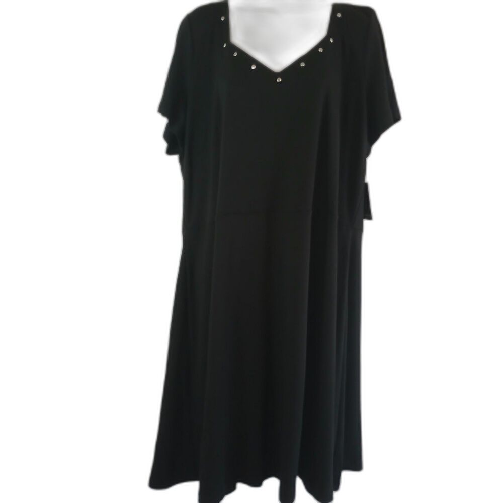Eloquii  Dress Black V Neck Stud Trim  Short Sleeve  Shift Midi Sz 24  Career...
